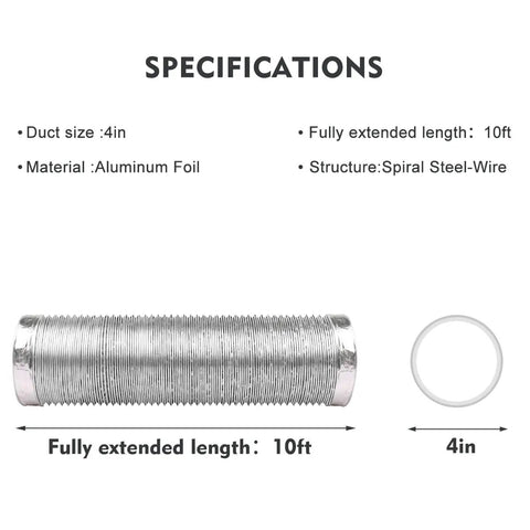 4 Inch Dryer Vent Hose 10 Foot Flexible Aluminum Duct with Two Clamps, fully extended length and specifications illustrated