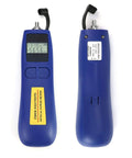 Front and back view of blue optical power meter with universal 2.5mm interface and wide range from minus 70 to plus 10 dBm for fiber optic testing.
