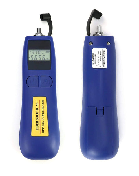 Front and back view of blue optical power meter with universal 2.5mm interface and wide range from minus 70 to plus 10 dBm for fiber optic testing.