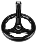 Smooth Operation 3 Spoke Hand Wheel 125mm Diameter With 12mm Bore And Revolving Handle For Lathe Milling Machine Grinder Industrial Tool Adjustments - black rotary knob with revolving handle viewed from top.