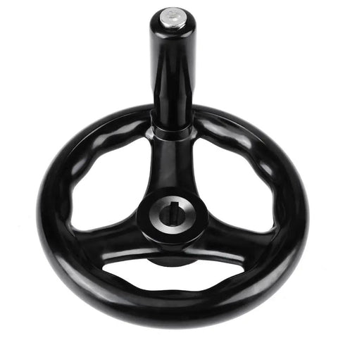 Smooth Operation 3 Spoke Hand Wheel 125mm Diameter With 12mm Bore And Revolving Handle For Lathe Milling Machine Grinder Industrial Tool Adjustments - black rotary knob with revolving handle viewed from top.