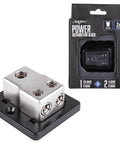Power Distribution Block For Car Audio With 1/0 Or 4 AWG In Dual 4/8 AWG Out Solid Zinc Alloy For Maximum Conductivity Premium Block Cover Reducers Included Heavy Duty Mounting Block For Clean Wiring And Safe Install, with packaging and cover