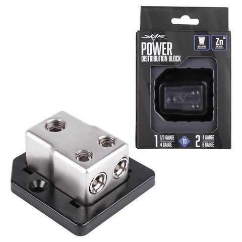 Power Distribution Block For Car Audio With 1/0 Or 4 AWG In Dual 4/8 AWG Out Solid Zinc Alloy For Maximum Conductivity Premium Block Cover Reducers Included Heavy Duty Mounting Block For Clean Wiring And Safe Install, with packaging and cover