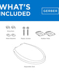 Built Tough Elongated Toilet Seat Made From Heavy Duty Polypropylene For Crack Resistant Durability And No Nonsense Standard Close Function In Classic White Finish components diagram including adjustable seat and hardware.