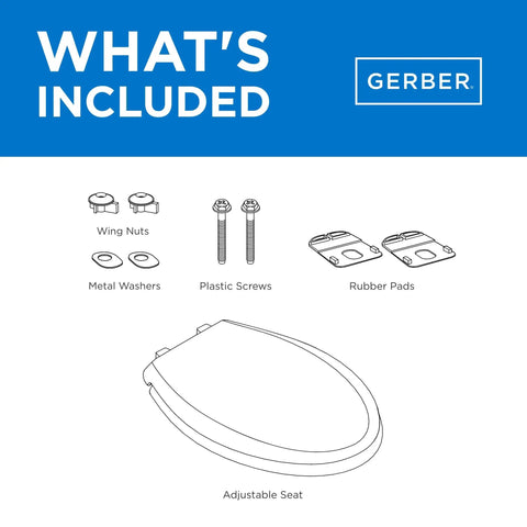 Built Tough Elongated Toilet Seat Made From Heavy Duty Polypropylene For Crack Resistant Durability And No Nonsense Standard Close Function In Classic White Finish components diagram including adjustable seat and hardware.
