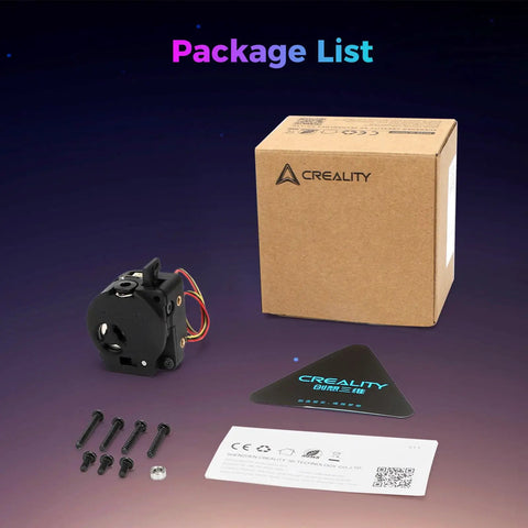 K2 SE Extruder Kit Replacement With Beefy 80N Extrusion Force, Built-In Filament Break Sensor, Heavy-Duty Dual Gears For Smooth Feeding, No-Jam Printing, Direct Swap For Your K2 SE 3D Printer package list with extruder, box, screws, and manual