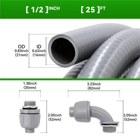 25 Ft Liquid Tight Conduit And Connector Kit With One Half Inch Flexible Non Metallic Electrical Conduit And Four Straight And Three 90 Degree Fittings Included For Easy Wire Pulling Antioxidant PVC Rust Resistant