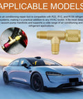 Two Pack Quick Connect AC Valve Core Adapter Tee With One Quarter Inch Brass Fitting, suitable for R22, R12, R134 systems.