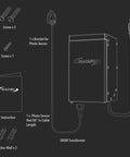 Diagram of 300W outdoor landscape lighting transformer with sensor, weather shield, wiring, screws, and instructions.