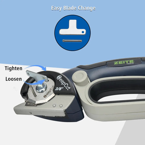 Close-up of Zeite Deepcut 3/8" Cordless Electric Cardboard Cutter showing easy blade change mechanism and adjustment tool.