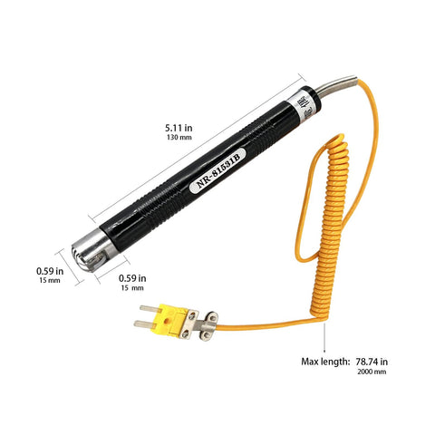 Front view: K-type surface temperature probe, black body, metal tip, yellow coiled lead (5.11 in)