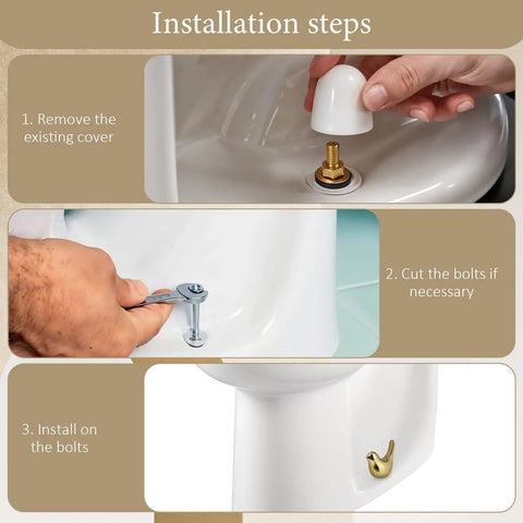 Installation steps for 2 Pack Ceramic Gold Bird Toilet Bolt Caps Universal Fit Replacement, showing steps with tools and installed cap.