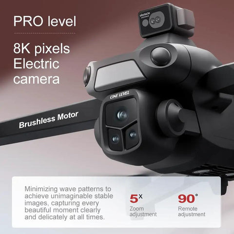 Close-up of Foldable RC Drone With 1080P Triple HD Camera, 8K pixels, brushless motor, showing adjustable zoom and angle features