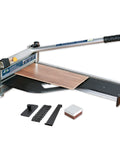 Professional 13 Inch Floor Cutter With Bonus Installation Kit And Double Sided Honing Stone, shown with laminate wood panel