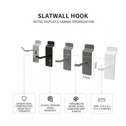 Tool Free Slatwall Hook For Quick Display Setup Heavy Duty Carbon Steel Storage Organizer For Garage And Workshop 13 Inch Wall Mount Hook Durable No Tools Needed Rust Resistant And Easy To Install shown in four colors
