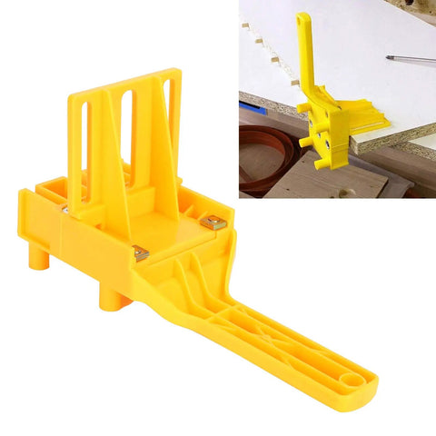 Rock Solid Doweling Jig Kit 38 Piece Self Centering Woodworking Drill Guide with yellow plastic construction for precise hole drilling.