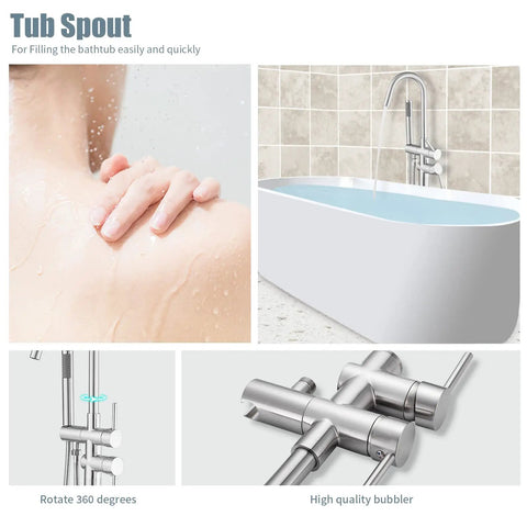 Freestanding Bathtub Faucet With 360 Degree Swivel Spout And Handheld Shower, Tub Filler Set In Brushed Nickel, installed in bathroom