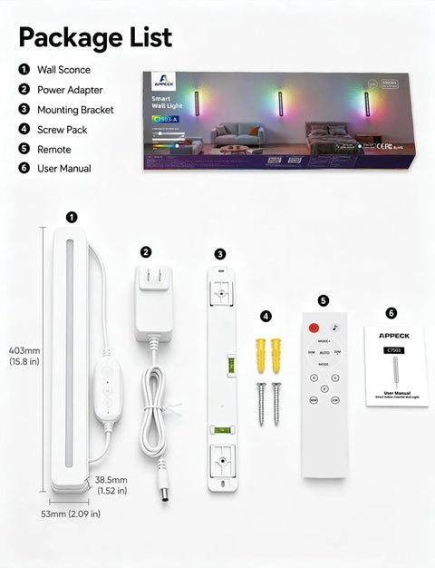 APPECK LED Wall Light 1 Pack, 15.8 Inch Plug in Wall Sconce RGBCW, Dimmable package contents including wall sconce, remote, and power adapter.