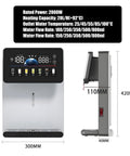 Front and side view of Wall Mounted Instant Hot Water Cooler For Office Or Home, Countertop Style Water Dispenser in white, with dimensions.