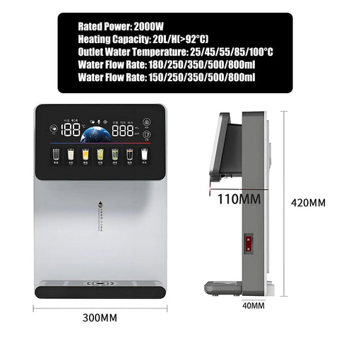 Front and side view of Wall Mounted Instant Hot Water Cooler For Office Or Home, Countertop Style Water Dispenser in white, with dimensions.