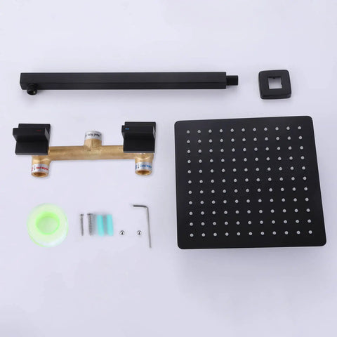 Components of the Matte Black Two Handles Shower Faucet Set With Square Rain Shower Head And Handheld Combo 2 In 1 Wall Mounted Shower System