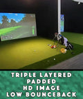 Golf Simulator Cage With Padded DIY Premium Poly Spacer Screen setup displaying HD image in backyard practice area.