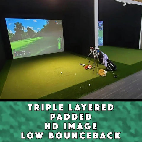 Golf Simulator Cage With Padded DIY Premium Poly Spacer Screen setup displaying HD image in backyard practice area.