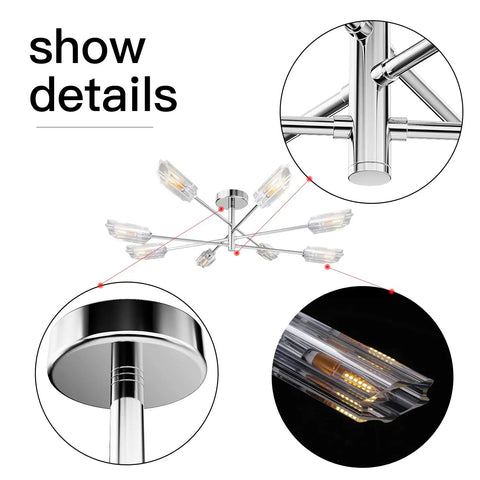 Detail view of Semi Flush Mount Sputnik Chandelier With Glass Shades For Living Room Bedroom Kitchen, Mid Century Industrial Farmhouse Chrome Modern Ceiling Light Fixture For Dining Room And Hallway Decor, Totally Elevates Your Home Vibe.