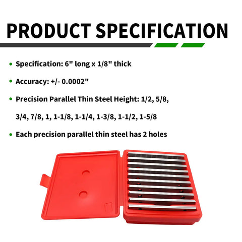 Ten Pairs Precision Parallel Thin Steel Set One Eighth Inch By Six Inch With 0.0002 Inch Accuracy Hardened Alloy Steel in red case