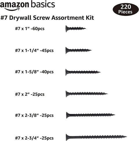 Drywall Screw Assortment Kit 220-Piece Coarse-Thread Steel Phillips-Head Screws With Handy Storage Case shown with screw sizes.