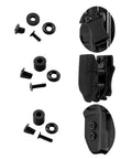 Four Set Release Screw Kits For Leatherwork, Woodworking, And Metal Applications, Rock Solid Screws Delivering A Tight Grip For Sheaths, Holders, And DIY Projects. Black metal screw kit with four parts shown assembled on a sheath clip