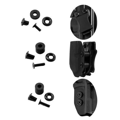 Four Rock Solid Packs Of Black Slotted Posts Cross Head Screws Perfect For Kydex Sheath Mounting Leather Tooling And Woodworking Builds Tight Grip Metal Fasteners Shop Grade Gear assorted black slotted screws and mounts on display.