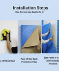 Installation steps of Premium Peel And Stick Acoustic Foam Panels, showing cleaning wall, peeling film, and applying panel.