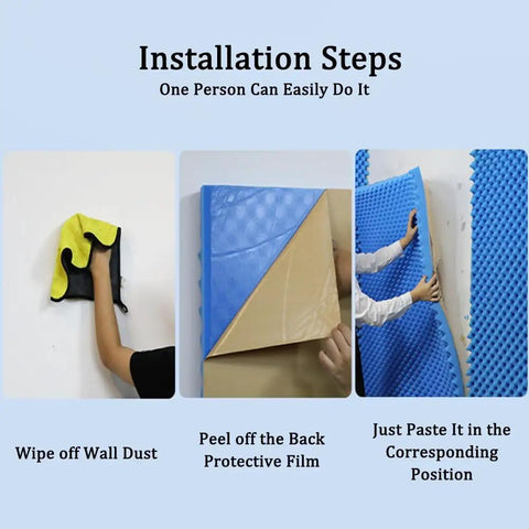 Installation steps of Premium Peel And Stick Acoustic Foam Panels, showing cleaning wall, peeling film, and applying panel.