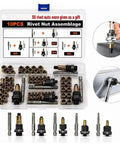 Real Deal Heavy Duty Rivet Nut Tool Set With Tough Carbon Steel Inserts In M3 M4 M5 M6 M8 Sizes For Car Repair And Sheet Metal Fabrication Drill Ready Pro Kit displayed in a box with assorted rivet nuts and tools.