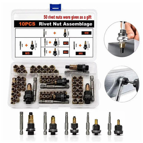 Real Deal Heavy Duty Rivet Nut Tool Set With Tough Carbon Steel Inserts In M3 M4 M5 M6 M8 Sizes For Car Repair And Sheet Metal Fabrication Drill Ready Pro Kit displayed in a box with assorted rivet nuts and tools.