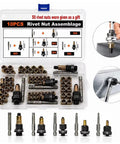 Kickass Head Rivet Nut Tool Kit With M3 M4 M5 M6 M8 Adapters, displaying various rivet nuts and adapters in a clear storage case.