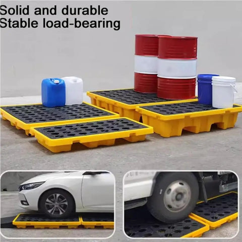 Spill Containment Pallet For Oil Drums With Leak Proof Nestable Tray And Anti Slip Polyethylene Platform With Drain Garage Storage Solution