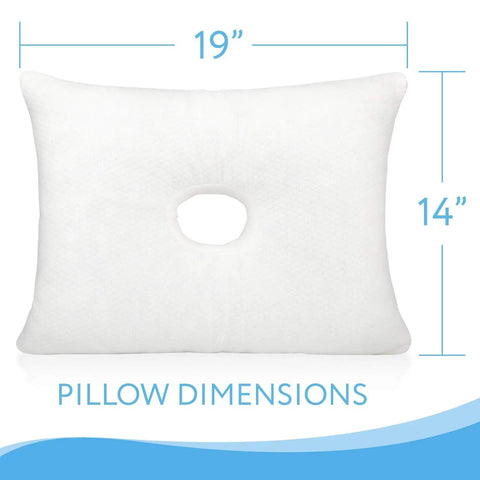 Firm Memory Foam Pillow With Ear Hole For Side Sleepers, 14 By 19 Inches, White, with ear hole and dimensions shown