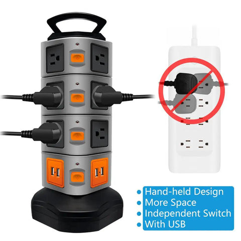 14 Outlet Surge Protector Charging Station With 4 USB Ports, heavy duty tower design, 6 foot cord, vertical power strip.