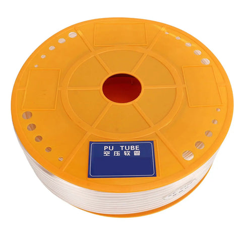 Heavy Duty Transparent Polyurethane Air Hose For Pneumatic Sandersons And Spray Guns Hella Flexible Piping Line With Drop Dead Simple Quick Connect Setup At 200 Meters Long on a yellow reel.