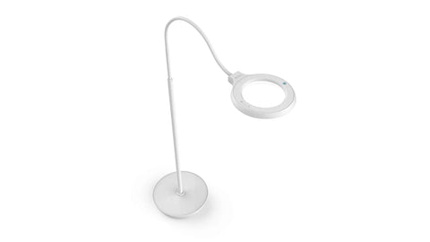 Rechargeable LED Floor Lamp With 5-Inch 2X Magnifier And 5X Bifocal, 59 Color-Adjustable LEDs shown in white with adjustable stand