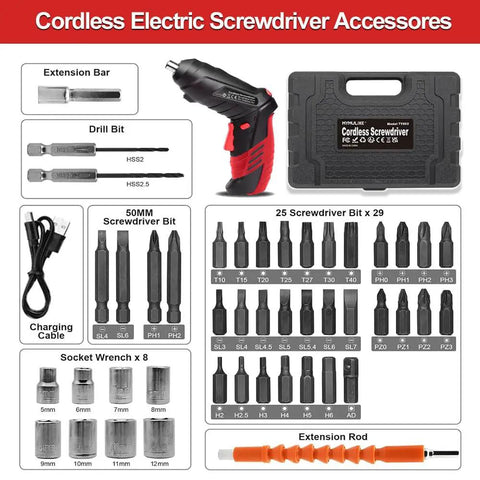 Cordless Power Screwdriver With 3.6V 1500mAh Battery, 3.5N.m Torque, 46-Piece Bit Set, Pivoting Handle, LED Light, compact red drill kit
