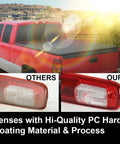 Installed high mount third brake light with bulb for Chevy Silverado and GMC Sierra 1999 to 2006 models shown in comparison.