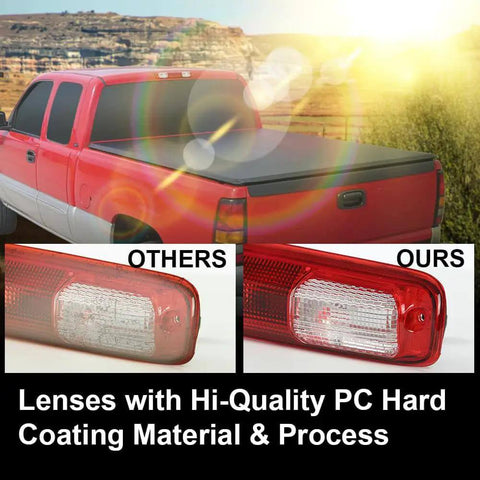 Installed high mount third brake light with bulb for Chevy Silverado and GMC Sierra 1999 to 2006 models shown in comparison.