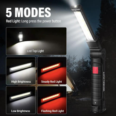 Must-Have Rechargeable LED Work Light For Mechanics showing 5 modes and 360° rotating head with magnetic base and hook