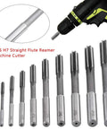 Front view of 10pcs HSS H7 straight-flute reamers with silver shanks for bore machining