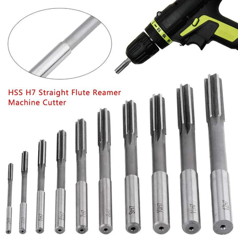 Front view of 10pcs HSS H7 straight-flute reamers with silver shanks for bore machining