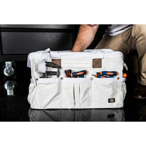 20 Inch Heavy Duty Canvas Tool Tote For Painters Carpenters And Builders With Rugged Zipper And Reinforced Handles on floor