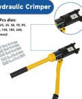 16 Ton Hydraulic Wire Lug Terminal Crimping Tool With 11 Dies YQK 300, yellow handle, rotatable head, 11 die pieces